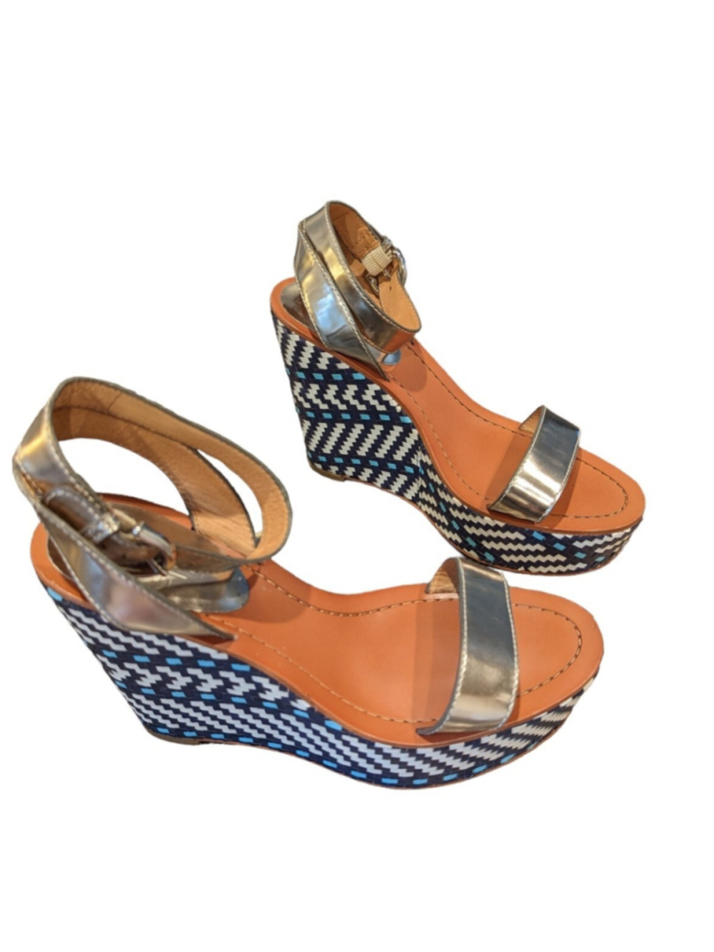Coach Sandals Womens 8 Gemma Woven Leather Platform Wedge Blue White Silver